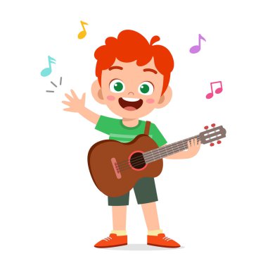 Küçük tatlı çocuk konserde gitar çalıyor.