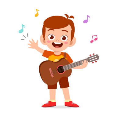 Küçük tatlı çocuk konserde gitar çalıyor.