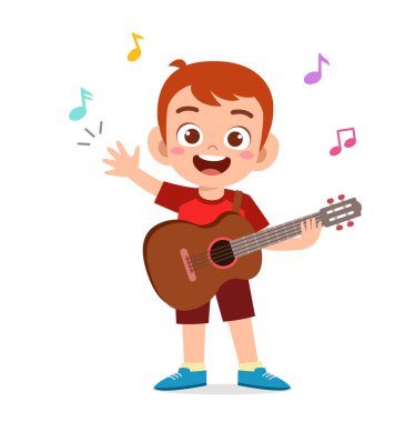 Küçük tatlı çocuk konserde gitar çalıyor.