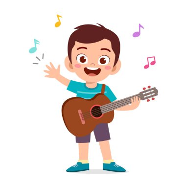 Küçük tatlı çocuk konserde gitar çalıyor.