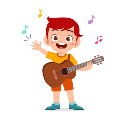 Küçük tatlı çocuk konserde gitar çalıyor.