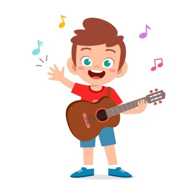 Küçük tatlı çocuk konserde gitar çalıyor.