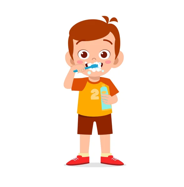 Lindo Niño Pequeño Cepillarse Los Dientes Celebración Pasta Dientes — Vector de stock