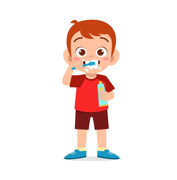 Netter Kleiner Junge Putzt Zähne Und Hält Zahnpasta Der Hand — Stockvektor