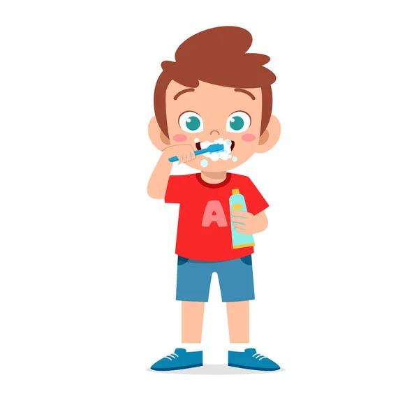 Netter Kleiner Junge Putzt Zähne Und Hält Zahnpasta Der Hand — Stockvektor