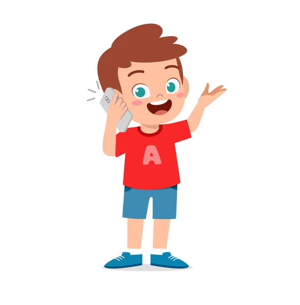 Χαριτωμένο Μικρό Αγόρι Μιλάμε Χρησιμοποιώντας Κινητό Τηλέφωνο — Διανυσματικό Αρχείο
