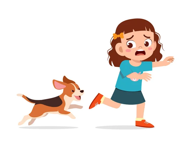 Mignonne Petite Fille Effrayée Parce Que Poursuivie Par Mauvais Chien — Image vectorielle