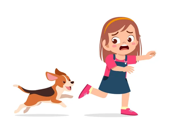 Nettes Kleines Mädchen Erschrocken Weil Von Bösem Hund Gejagt — Stockvektor
