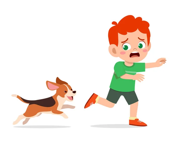 Cute Little Boy Scared Because Chased Bad Dog — Stock Vector