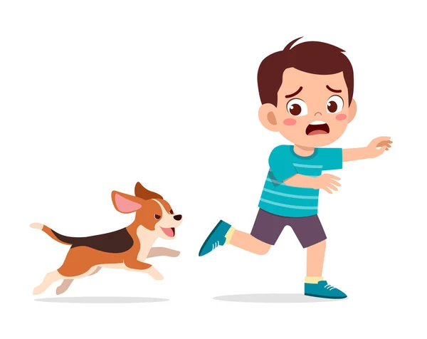 Netter Kleiner Junge Verängstigt Weil Von Bösem Hund Gejagt — Stockvektor