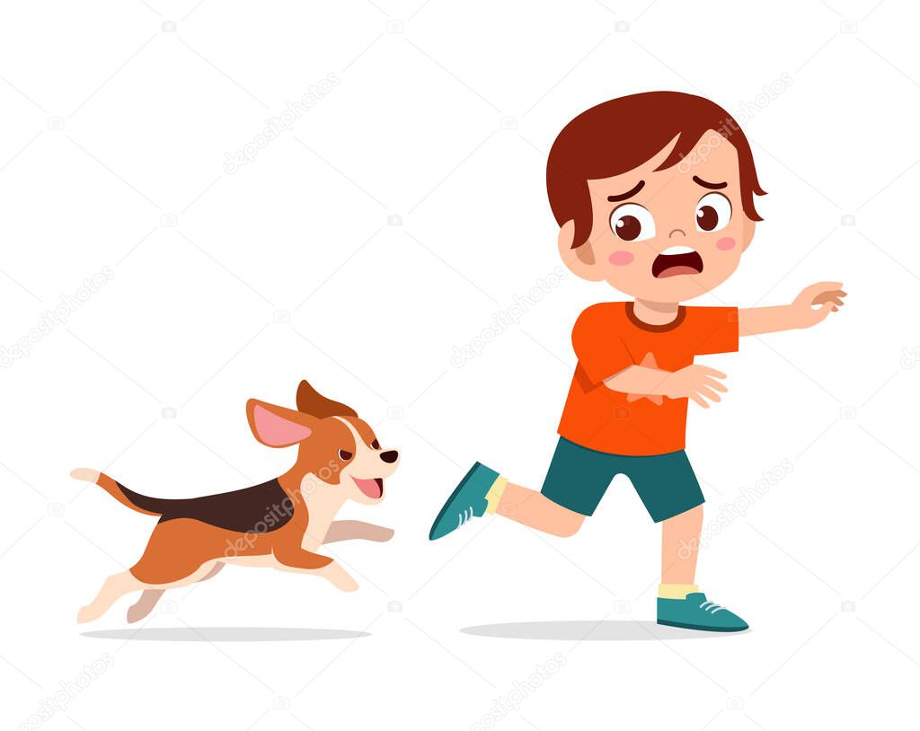cute little boy scared because chased by bad dog