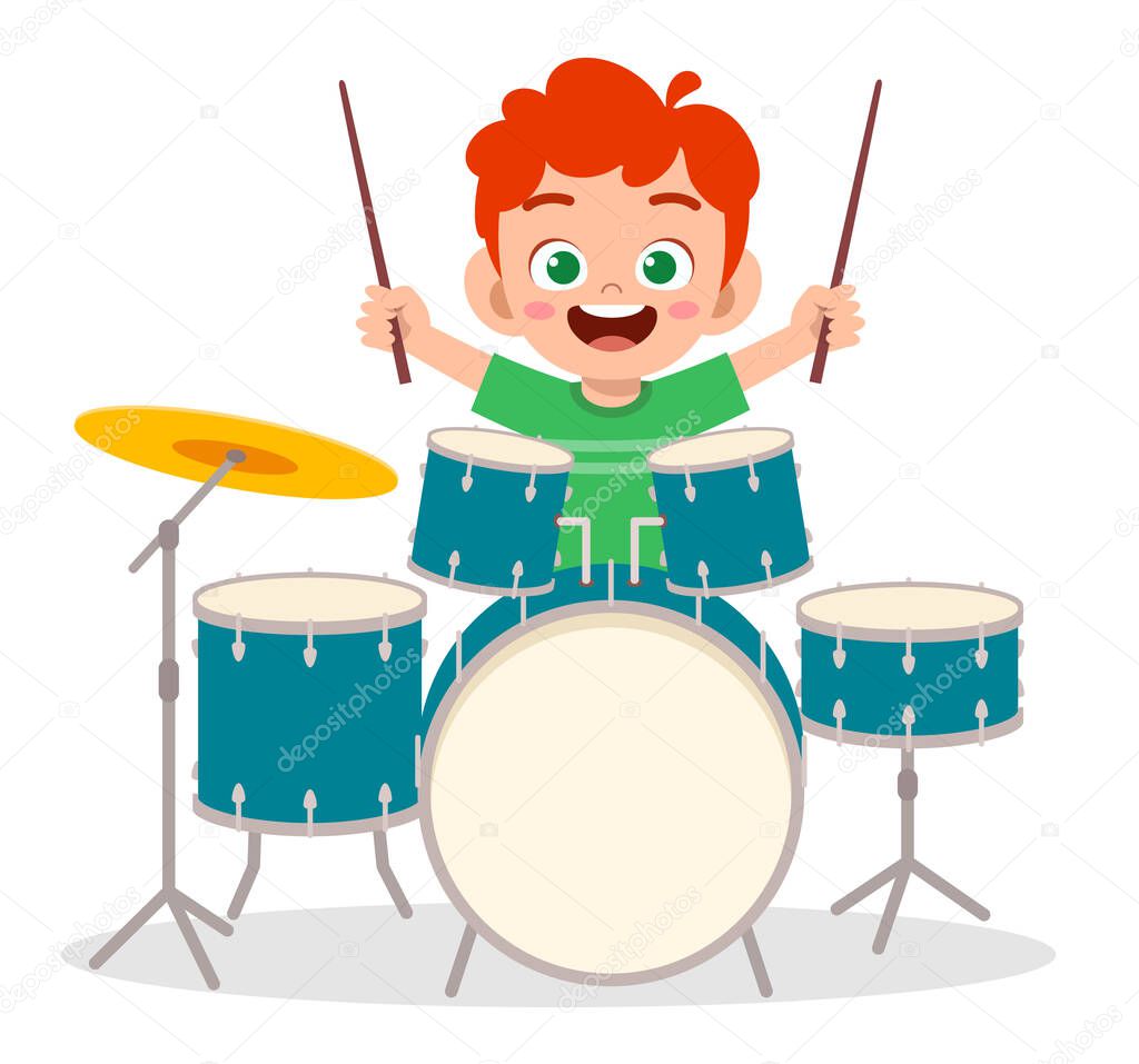 cute little boy play drum in concert