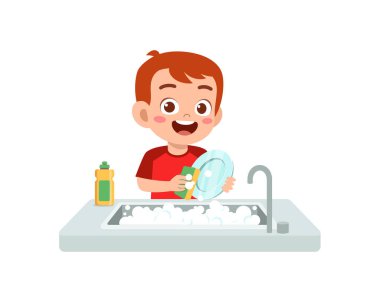 Mutfakta bulaşık yıkayan küçük tatlı çocuk.