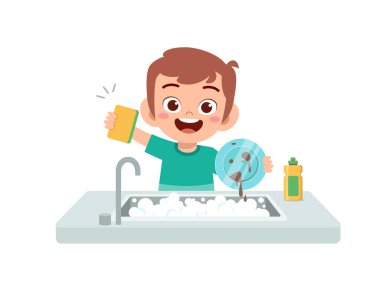 Mutfakta bulaşık yıkayan küçük tatlı çocuk.