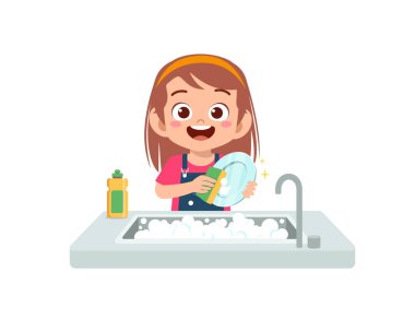 happy cute little girl washing dish in the kitchen clipart