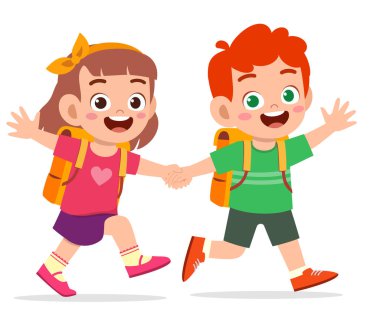 Sevimli çocuk ve kız el ele tutuşup okula beraber gidiyorlar.