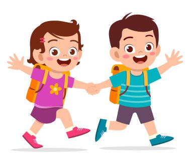 Sevimli çocuk ve kız el ele tutuşup okula beraber gidiyorlar.