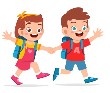 Sevimli çocuk ve kız el ele tutuşup okula beraber gidiyorlar.