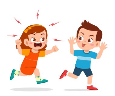 Kötü çocuk koş ve kızgın arkadaşına yüzünü göster.