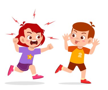 Kötü çocuk koş ve kızgın arkadaşına yüzünü göster.