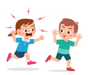 Kötü çocuk koş ve kızgın arkadaşına yüzünü göster.