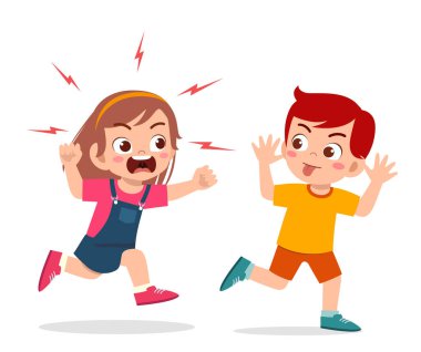 Kötü çocuk koş ve kızgın arkadaşına yüzünü göster.