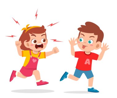 Kötü çocuk koş ve kızgın arkadaşına yüzünü göster.