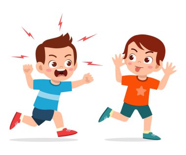 Kötü çocuk koş ve kızgın arkadaşına yüzünü göster.