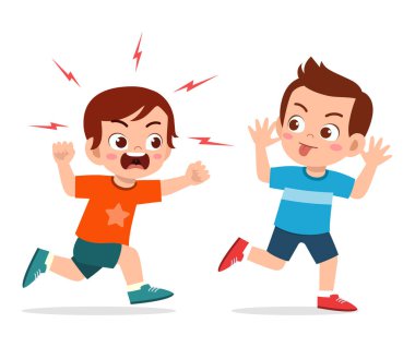 Kötü çocuk koş ve kızgın arkadaşına yüzünü göster.