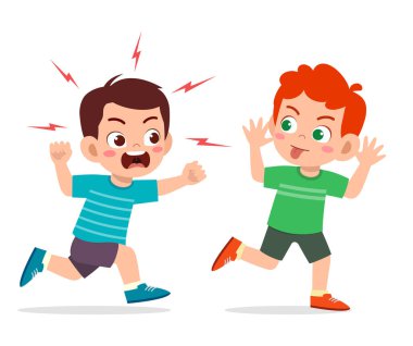 Kötü çocuk koş ve kızgın arkadaşına yüzünü göster.