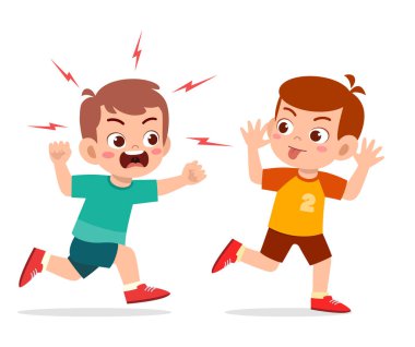 Kötü çocuk koş ve kızgın arkadaşına yüzünü göster.