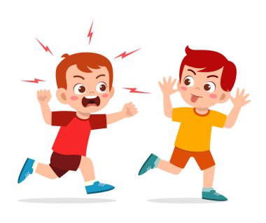 Kötü çocuk koş ve kızgın arkadaşına yüzünü göster.