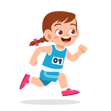 happy cute little girl run in marathon game clipart