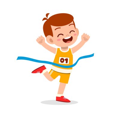 Küçük tatlı çocuk maraton koşuyor ve kazanıyor.