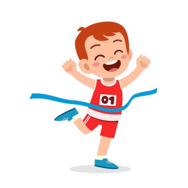 Küçük tatlı çocuk maraton koşuyor ve kazanıyor.