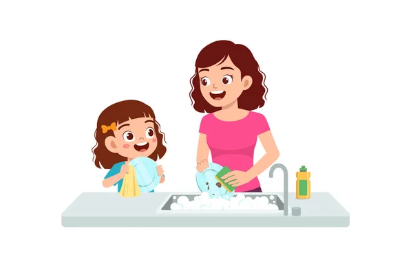 Χαρούμενο Χαριτωμένο Κοριτσάκι Πλύσιμο Πιάτο Μητέρα — Διανυσματικό Αρχείο
