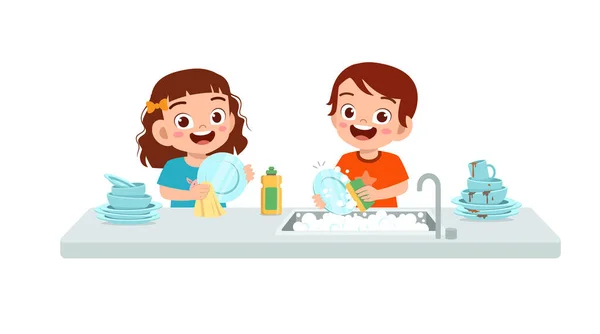 Happy Cute Little Boy Girl Washing Dish Together — Stock Vector