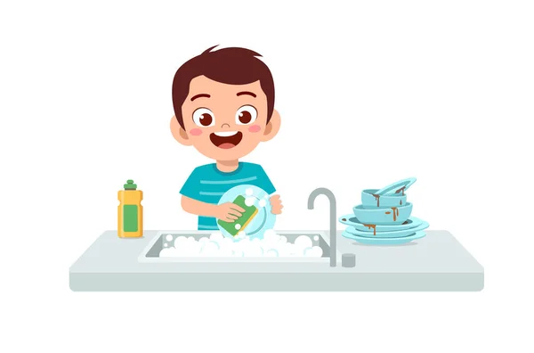 快乐可爱的小男孩在厨房里洗碗 — 图库矢量图片