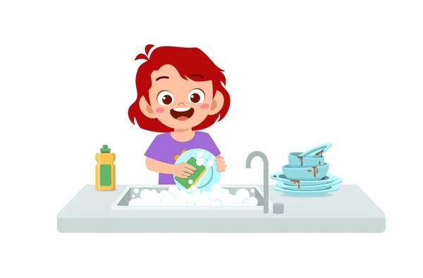 Heureuse Petite Fille Mignonne Lave Vaisselle Dans Cuisine — Image vectorielle