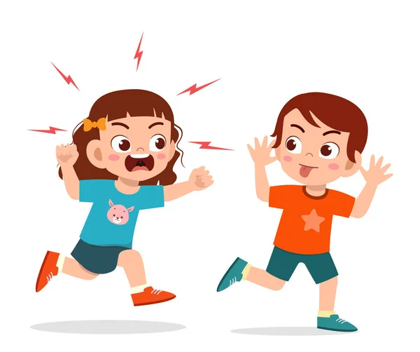 Bad Little Boy Run Show Grimace Face Angry Friend — Stock Vector