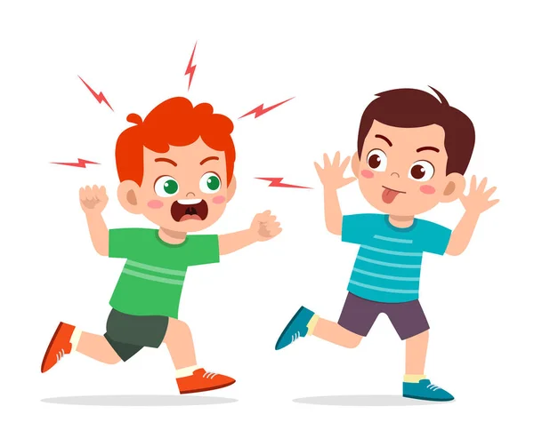 Bad Little Boy Run Show Grimace Face Angry Friend — Stock Vector