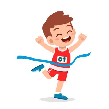 Küçük tatlı çocuk maraton koşuyor ve kazanıyor.