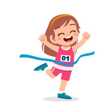 Küçük tatlı kız maraton koşuyor ve kazanıyor.