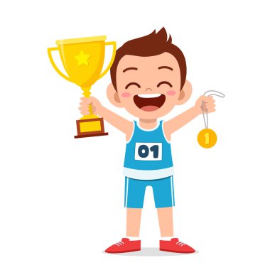 Altın madalya ve kupa taşıyan küçük tatlı çocuk.