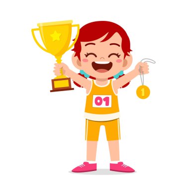 Altın madalya ve kupa taşıyan küçük tatlı kız.