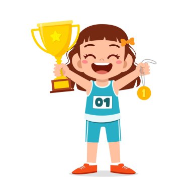 Altın madalya ve kupa taşıyan küçük tatlı kız.