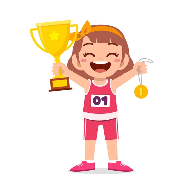 Happy Cute Little Girl Holding Gold Medal Trophy — Stock Vector