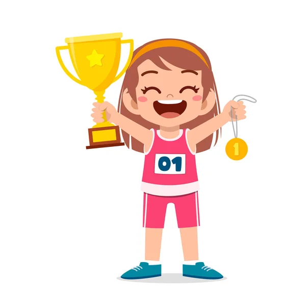 Happy Cute Gadis Kecil Memegang Medali Emas Dan Piala - Stok Vektor