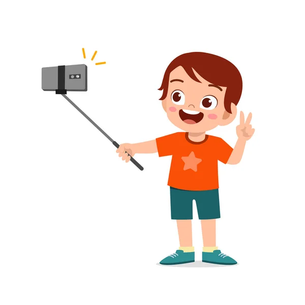 Cute Little Kid Boy Pose Selfie Front Camera — Stock Vector