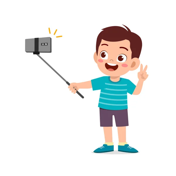 Cute Little Kid Boy Pose Selfie Front Camera — Stock Vector